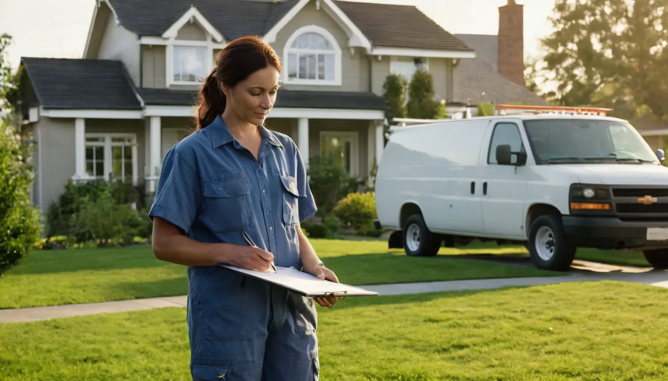 A homeowner in Baltimore reviewing septic notes and photos with a local provider outside a house