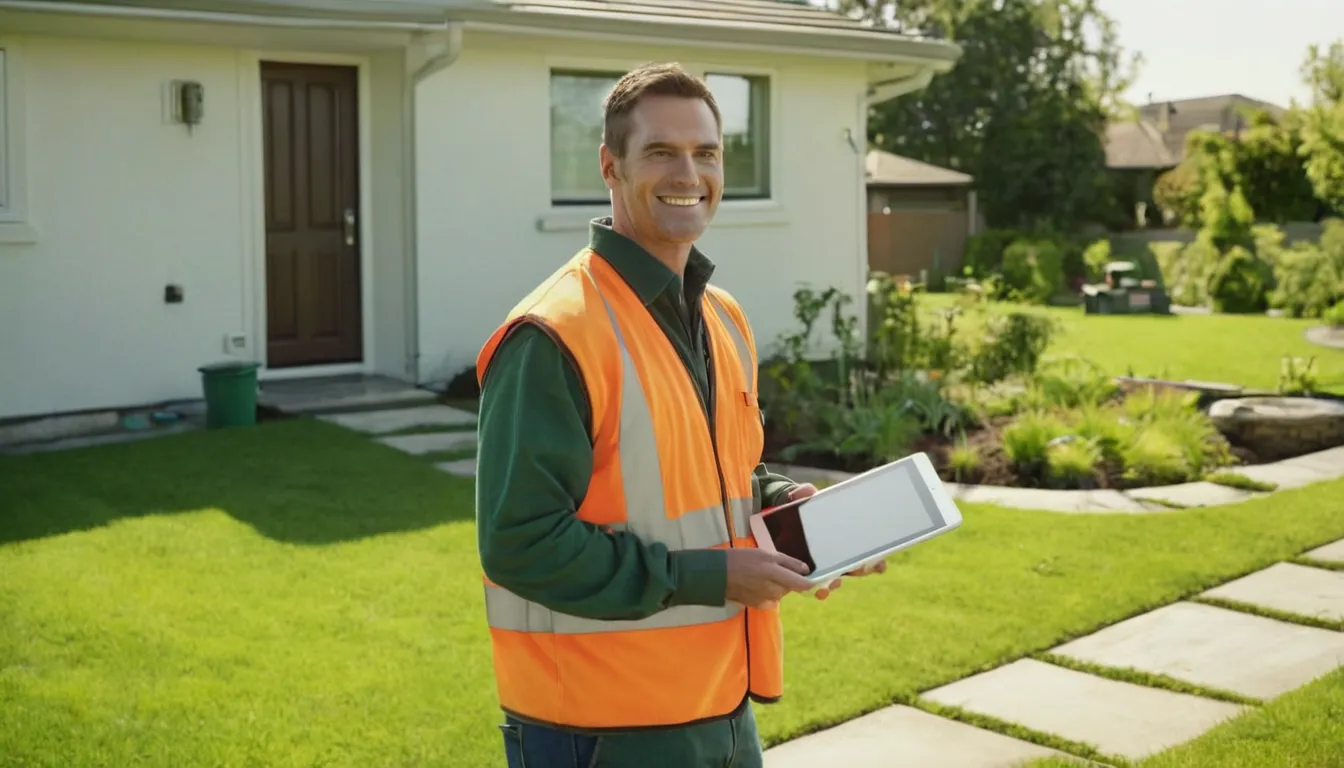 A friendly local septic provider talking with a homeowner in a backyard in the Baltimore area beside an open septic tank lid