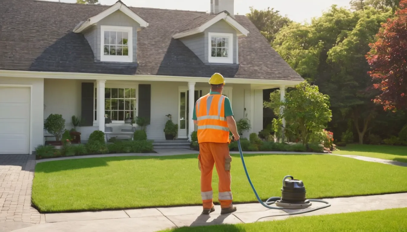 Provider pumping a residential septic tank in a Baltimore backyard as a homeowner looks on